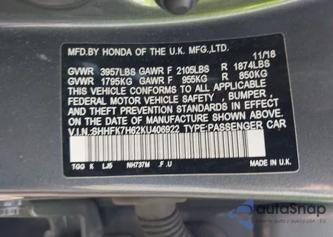2019 Honda Civic Ex from USA, damaged, VIN SHHFK7H62KU406922
